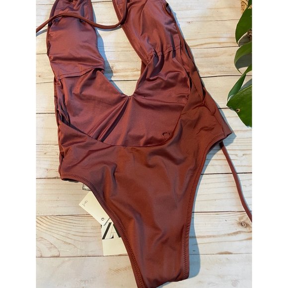 NWT Zara Cut Halter Swimsuit Mocha Brown Sz S - Picture 6 of 6